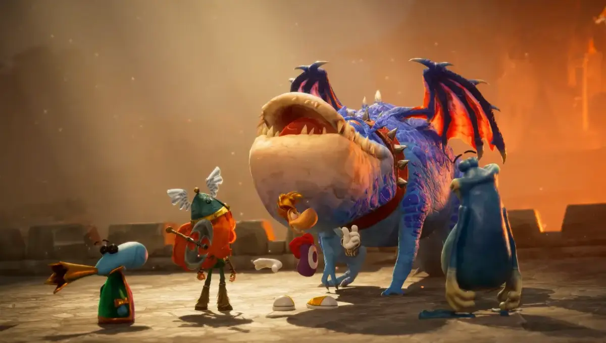 Rayman e personagens da franquia diante de um grande dragão azul em cena de Rayman Legends Retold