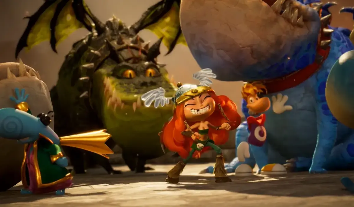 Betilla em pose de combate rindo ao lado de Rayman, Globox e criaturas em Rayman Legends Retold