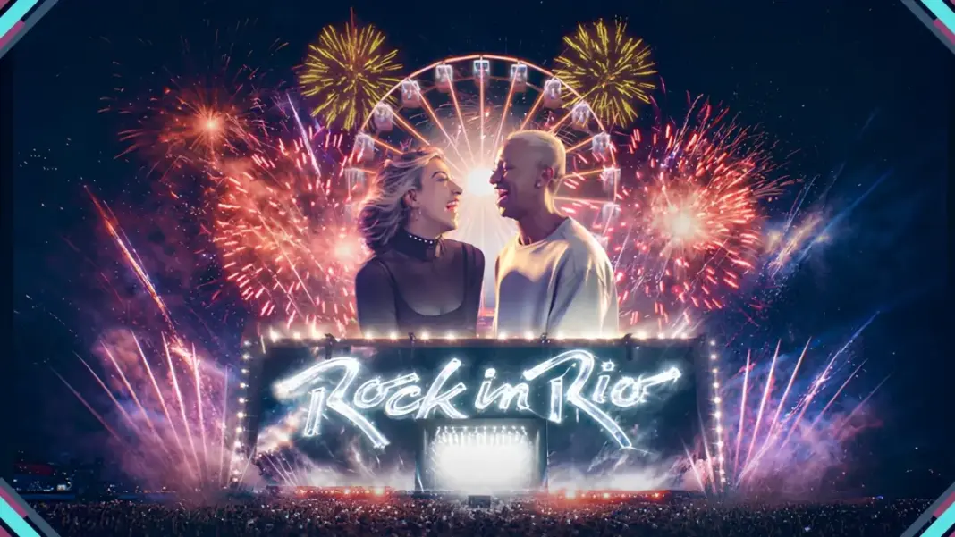 Cartaz oficial do Rock in Rio 2026 com line-up do festival, incluindo Foo Fighters, Elton John e Stray Kids.