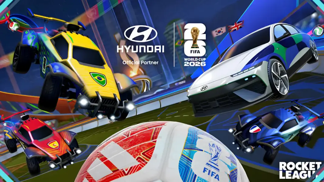Arte promocional da parceria entre Hyundai, Epic Games e a Copa do Mundo FIFA 2026 para Rocket League e Fortnite.