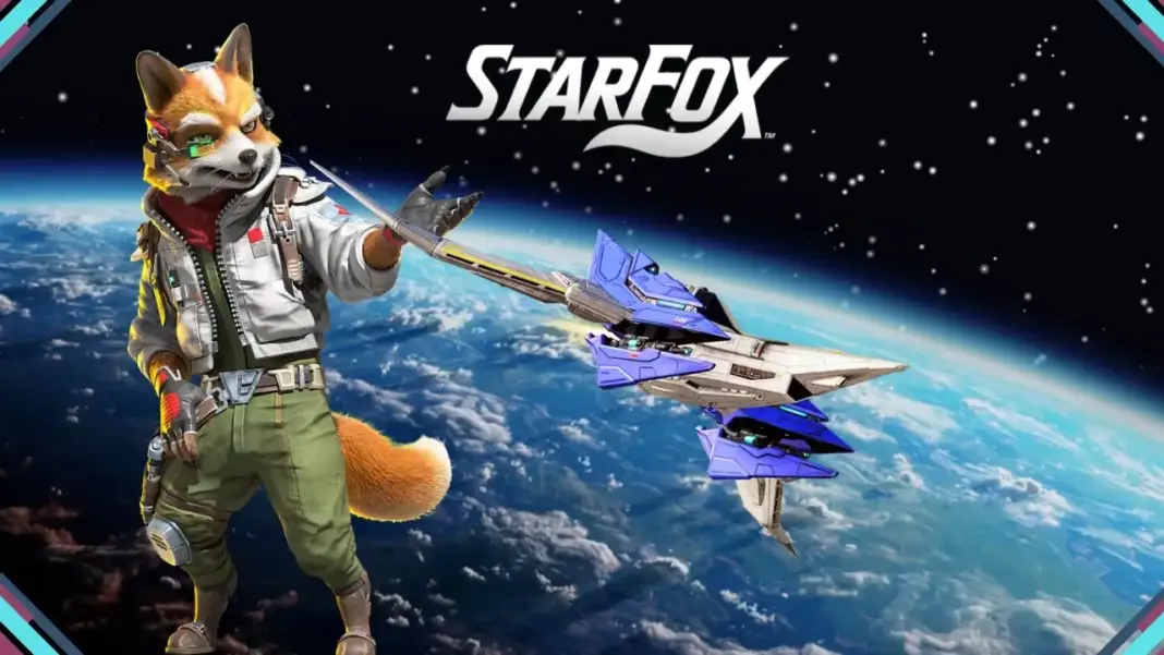Fox McCloud enfrenta inimigos espaciais em combate aéreo em Star Fox no Nintendo Switch 2.