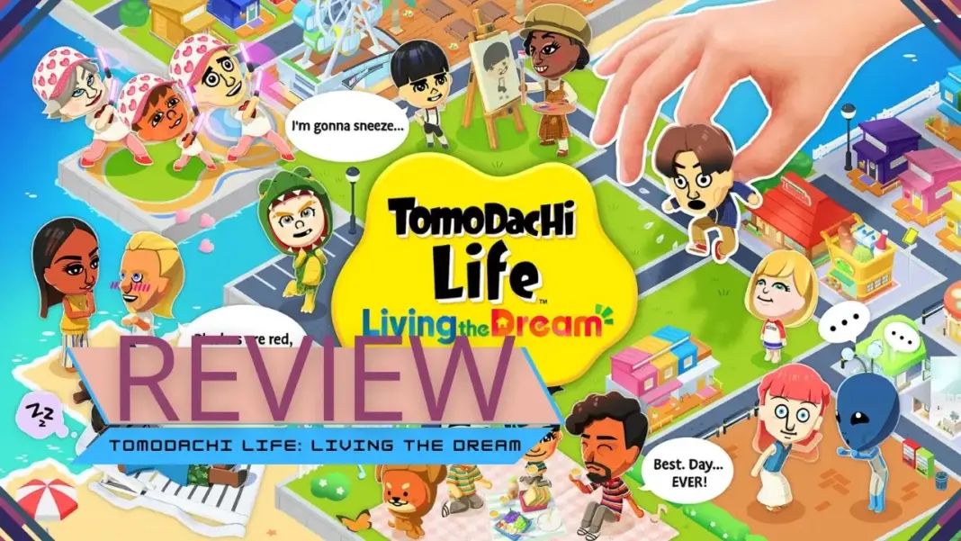 Tomodachi Life Living The Dream com moradores interagindo em uma ilha colorida