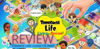 Tomodachi Life Living The Dream com moradores interagindo em uma ilha colorida