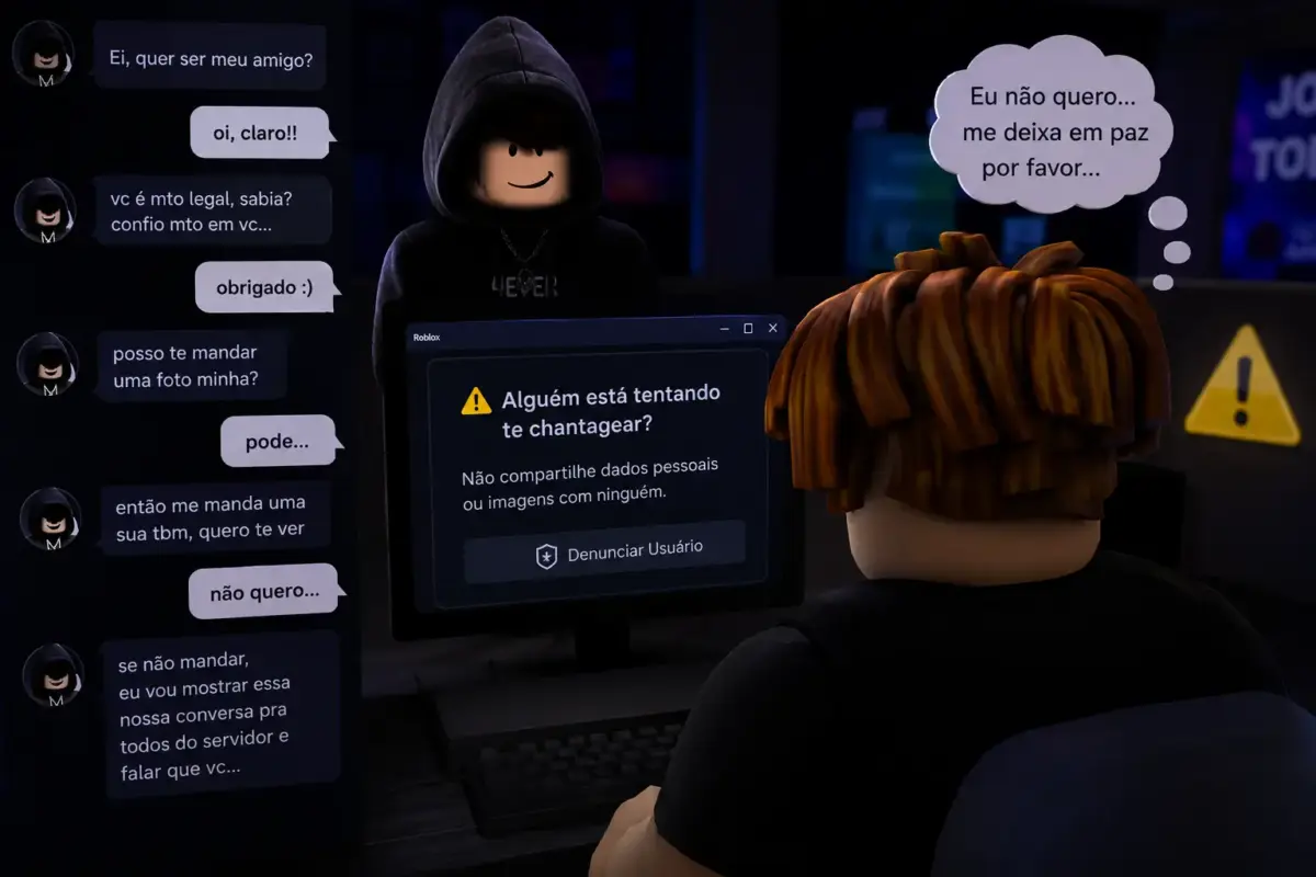 A dependência das pessoas em servidores de voz do Roblox 4 Ilustração digital representando uma tentativa fictícia de manipulação emocional e possível extorsão em ambiente inspirado nos servidores de voz do Roblox.
