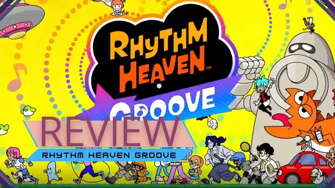 Personagens caricatos de Rhythm Heaven Groove dançando em cenário colorido de minigame no Nintendo Switch