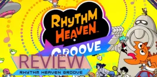 Personagens caricatos de Rhythm Heaven Groove dançando em cenário colorido de minigame no Nintendo Switch