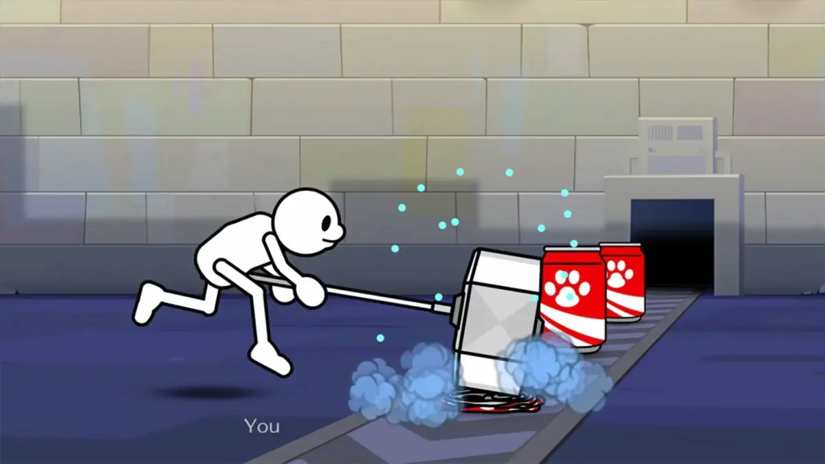 Personagem estilizado de marretar em um desafio rítmico de Rhythm Heaven Groove no Nintendo Switch