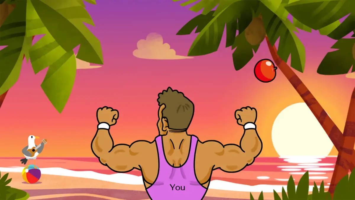 Personagem musculoso faz frutas saltarem ao ritmo da música em um minijogo de Rhythm Heaven Groove.