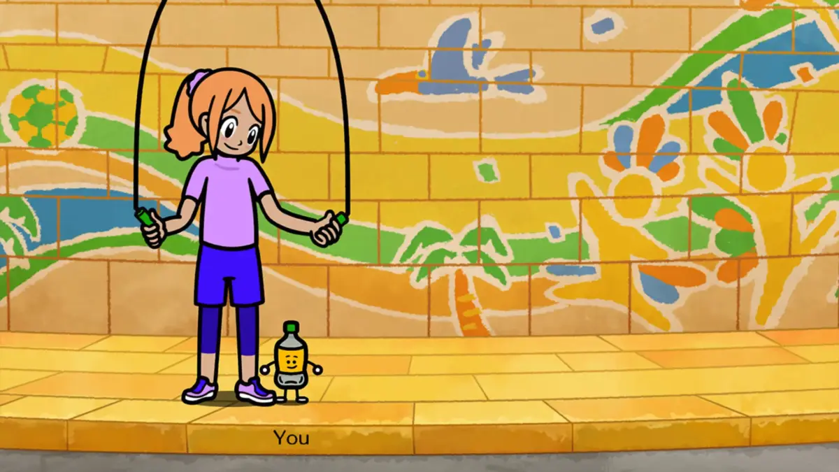 Garota participa de um desafio de pular corda em Rhythm Heaven Groove, acompanhando o ritmo musical.