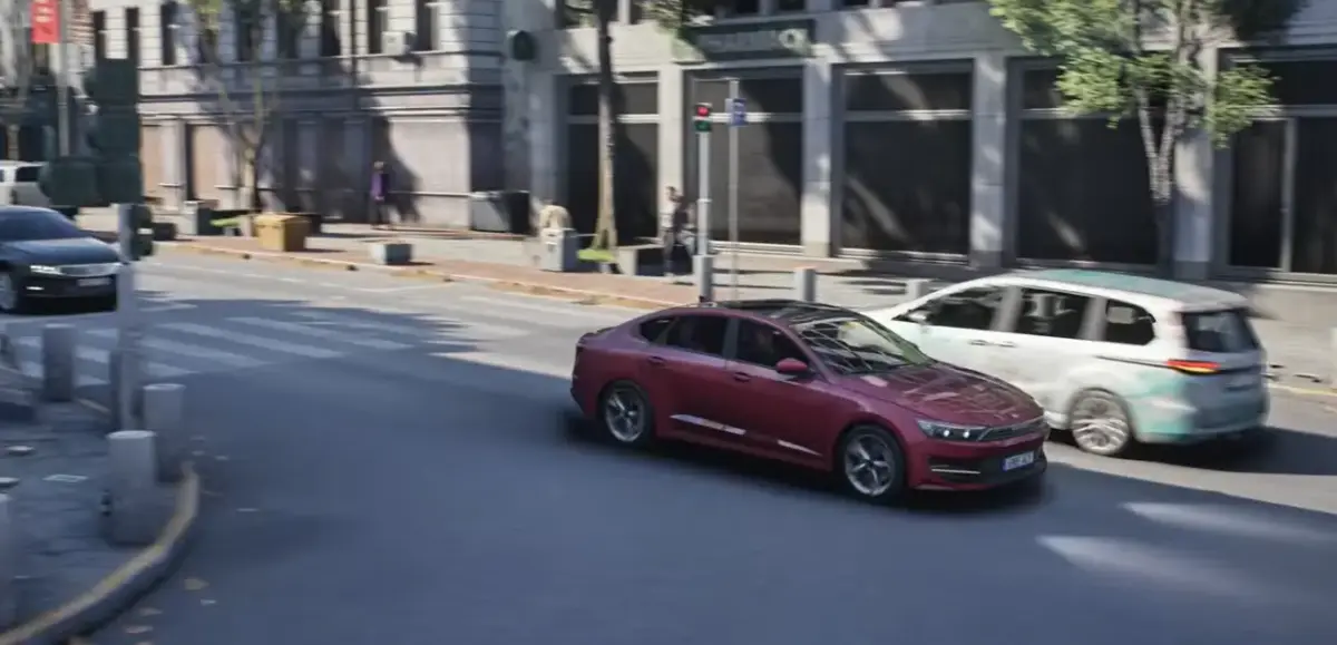 Rideshare “Stimulator” coloca jogadores na rotina de um motorista estilo Uber 1 Carro percorre ruas movimentadas em Rideshare “Stimulator”.