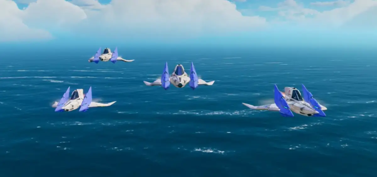 A equipe Star Fox dentro do icônico  Arwing