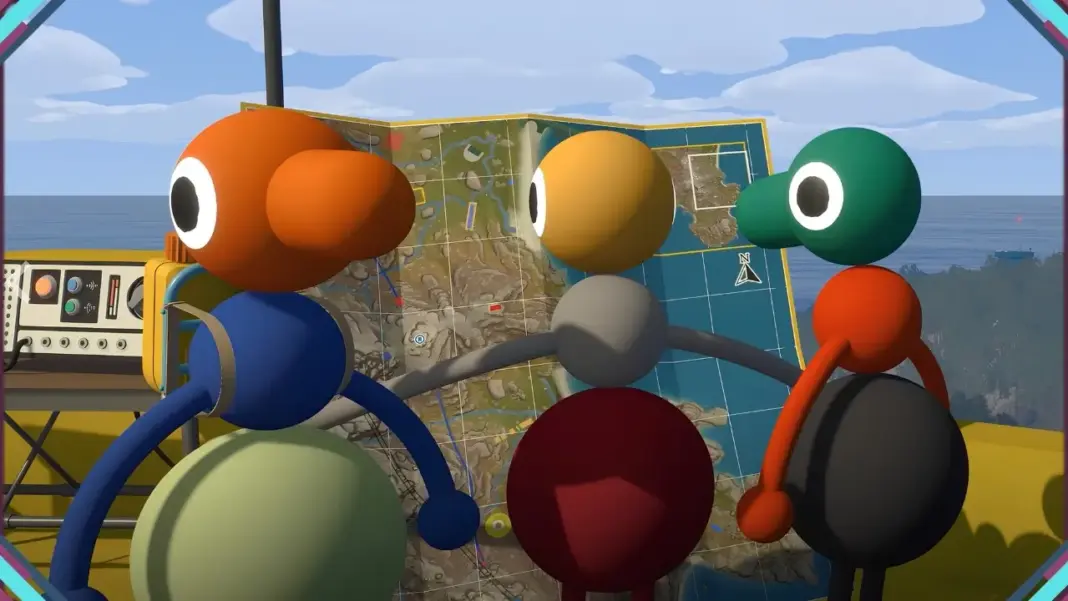 Grupo de jogadores explora uma ilha em Big Walk enquanto resolve quebra-cabeças cooperativos usando comunicação por voz.