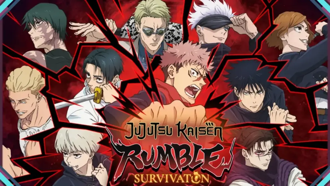 Nova arte promocional de Jujutsu Kaisen RUMBLE: SURVIVATON ilustrada pela MAPPA, destacando personagens do jogo.