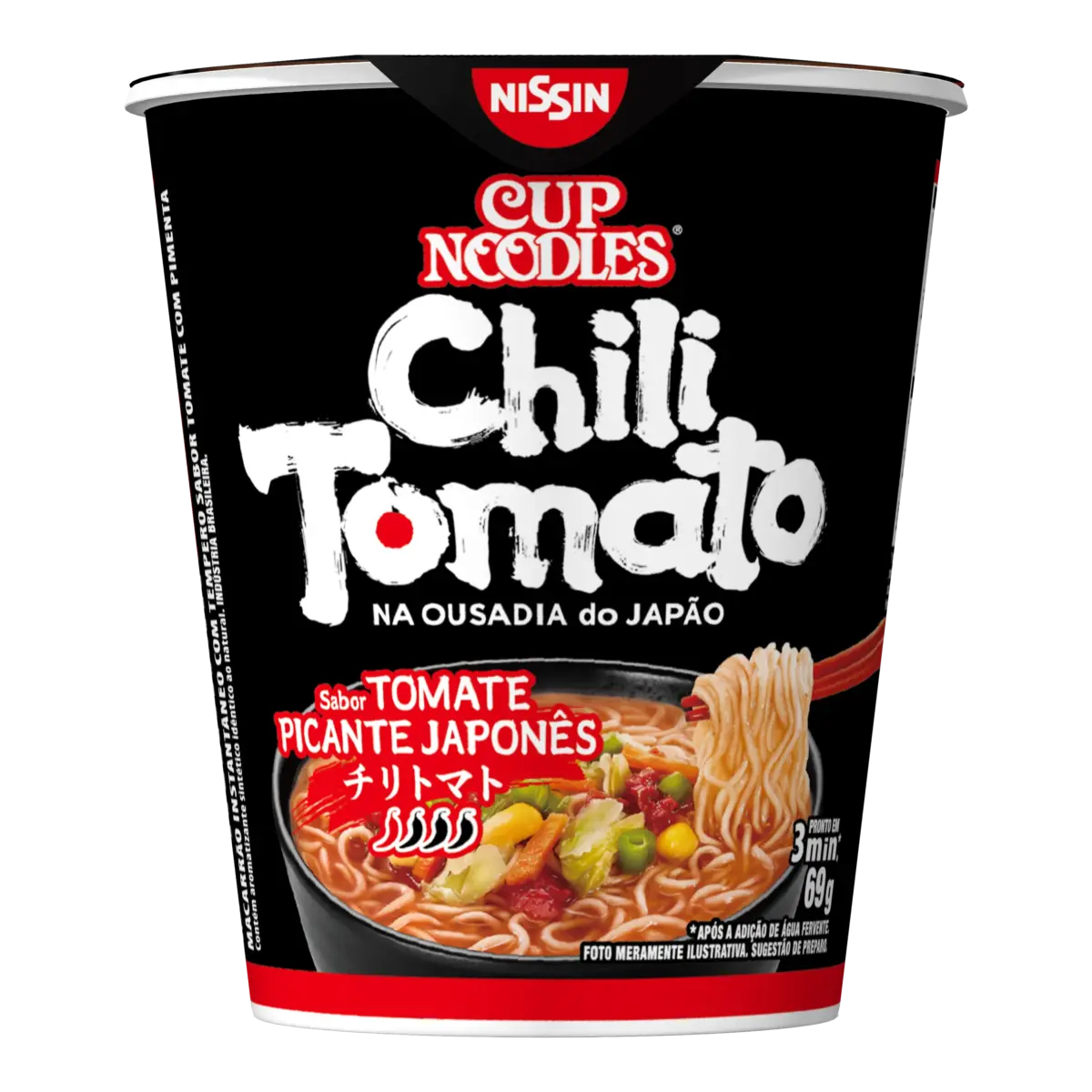 Nissin lança novos Cup Noodles e linha Geki com sabores japoneses e coreanos 3 Cup Noodles Chili Tomato, com tomate picante japonês