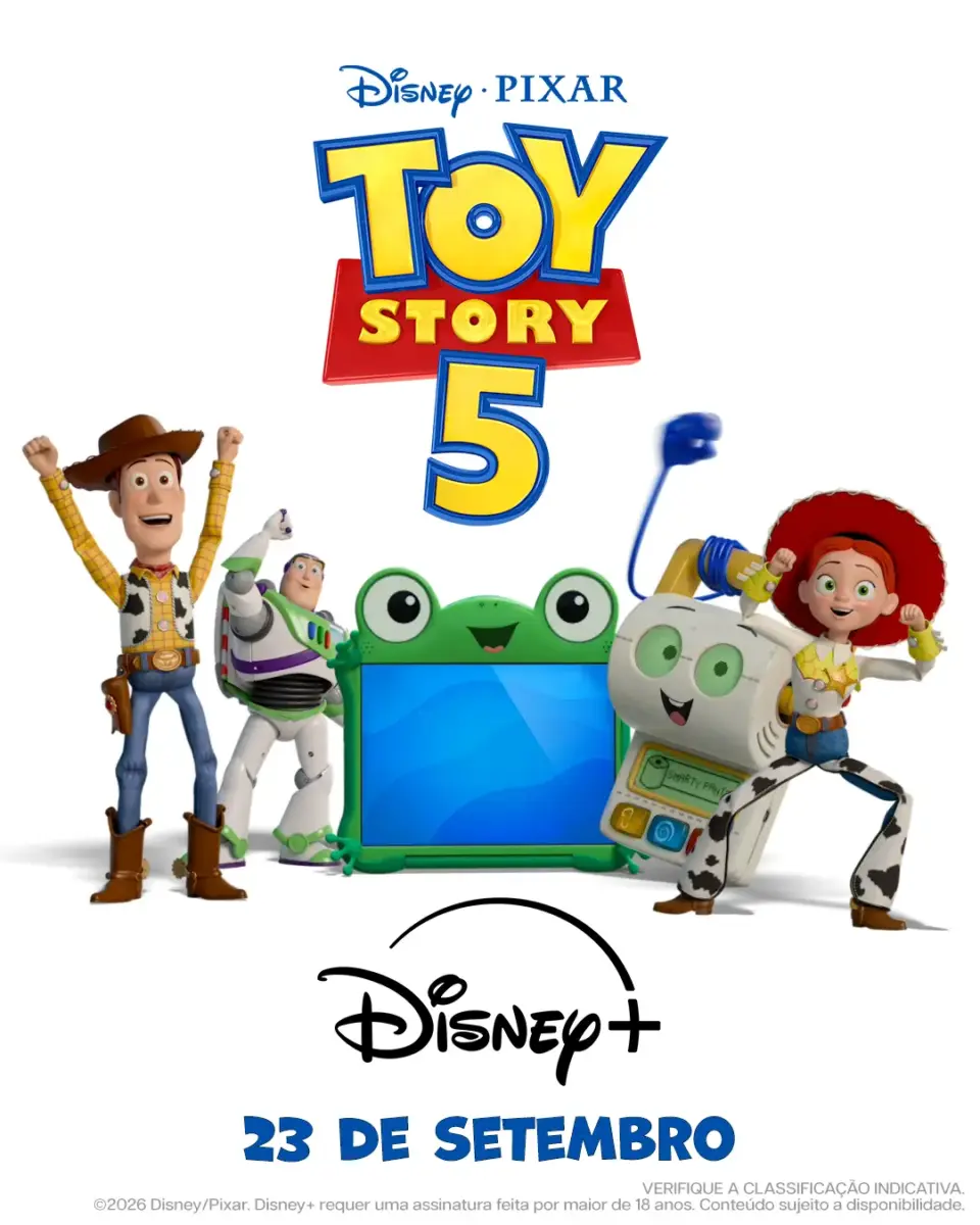 Toy Story 5 finalmente chega ao Disney Plus em setembro 1 Woody, Buzz Lightyear e Jessie aparecem juntos em cena de Toy Story 5, como pôster para o lançamento no Disney Plus