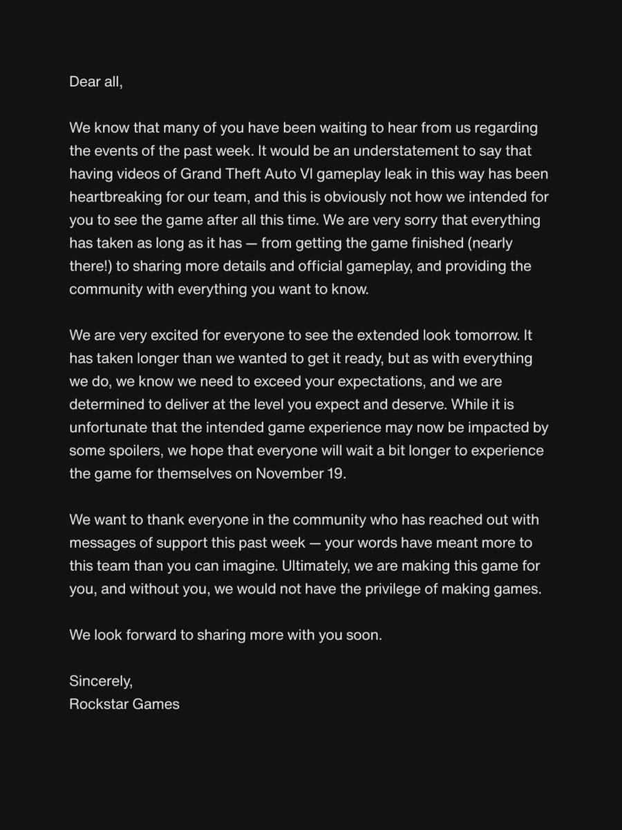 Carta oficial da Rockstar Games sobre o vazamento de gameplay de Grand Theft Auto VI (GTA VI)