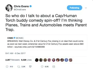 chris evans tweet marvel studios human torch captain america 1063832