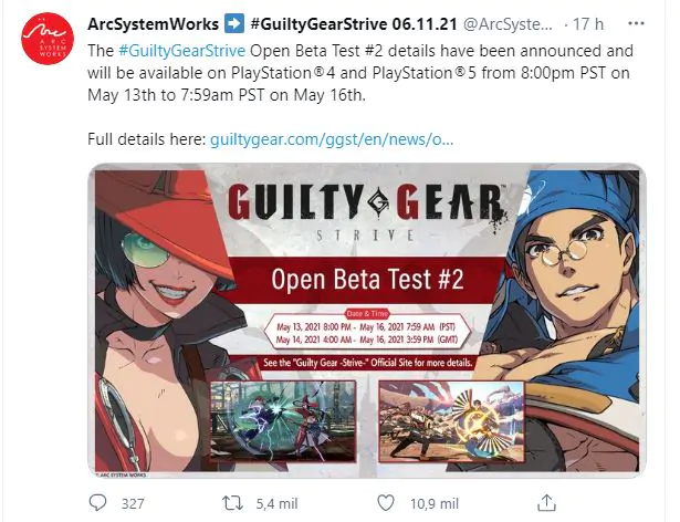 guiltygear strive beta teste aberto twitter