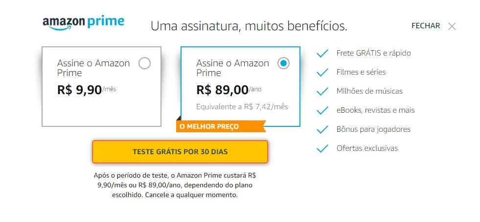 amazon prime planos mensal