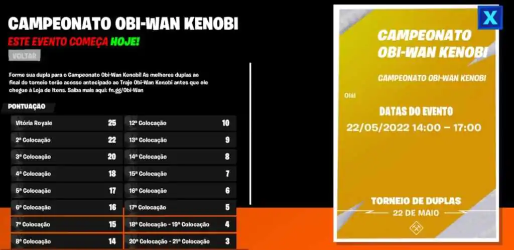 Fortnite: Horário campeonato Obi-Wan Kenobi e como obter skin grátis! 2 Fortnite: Horário campeonato Obi-Wan Kenobi e como obter skin grátis!