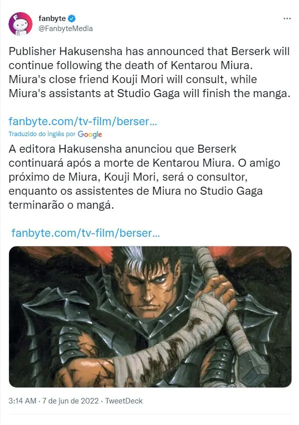 Berserk retornará sem Kentaro Miura!