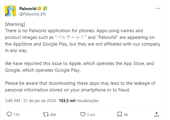 Alerta sobre aplicativos enganosos de Palworld