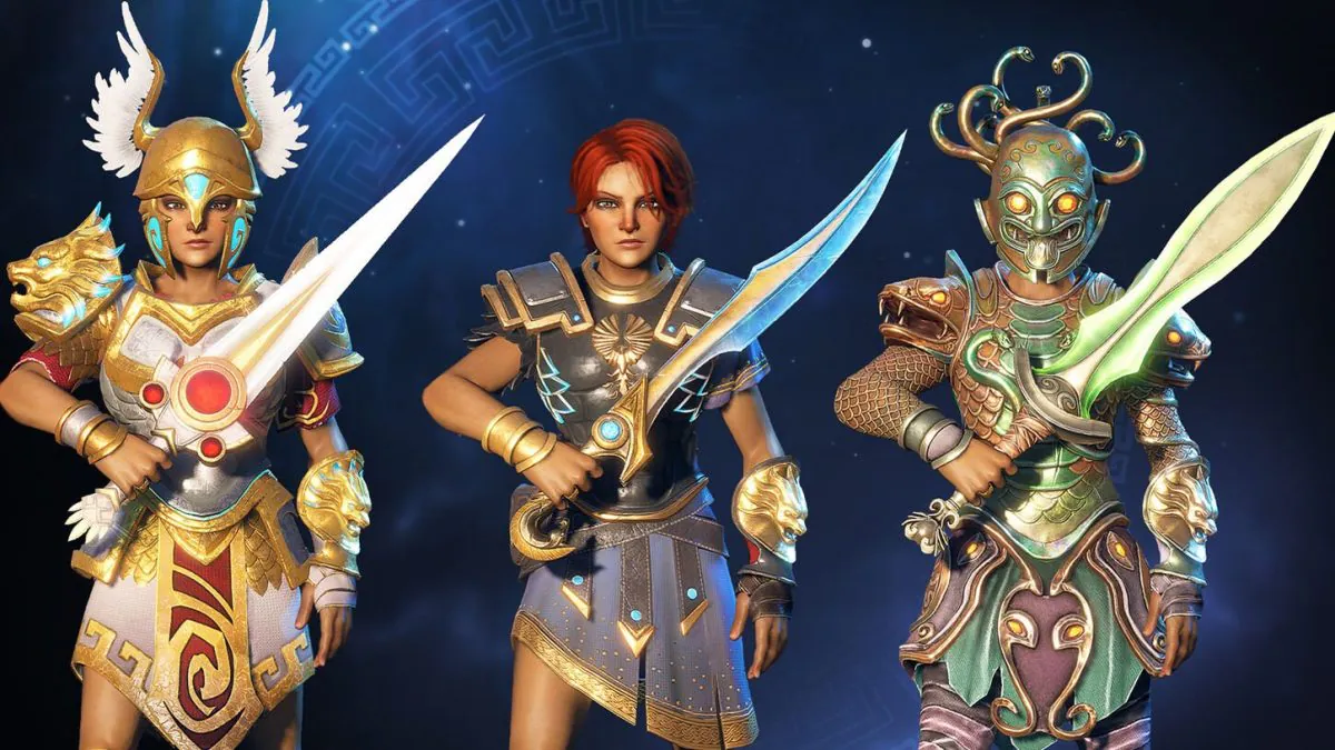 Jogo Inspirado em Zelda está gratuito na Ubisoft Store 2 Conjunto com três skins diferentes do jogo Immortals Fenyx Rising exibindo estilos variados