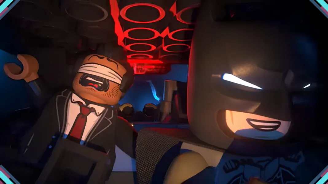 Batman Lego em cena cinemática com iluminação vermelha dramática em Lego Batman The Legacy of the Dark Knight
