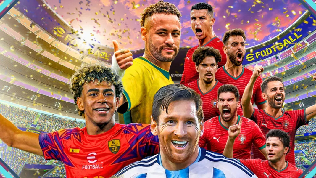 Tela do modo World Tour de eFootball Kick-Off! no Nintendo Switch 2, mostrando clube personalizado em torneio global